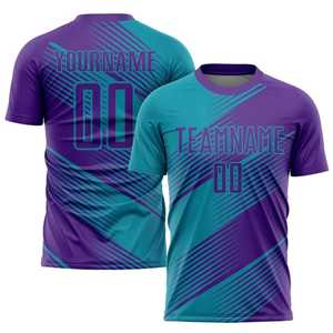 Conjunto de Uniforme de Fútbol Sublimado Personalizado, Color Morado y Verde Azulado, Nombre del Equipo 00, Cuello Redondo, Manga Corta, Absorbe la Humedad, Unisex para Adultos - Product Image 6