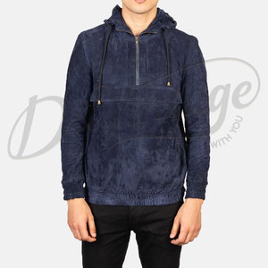Veste Anorak à Capuche Homme en Daim Bleu Marine, Coupe Slim, Décontractée, Demi-Zip, en Daim Véritable Doux, Tendance - Product Image 6