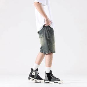Shorts en jean pour hommes, décontractés, en coton, effet usé, broderie, taille élastique, respirants, sur mesure, haute qualité, OEM, vente en gros, mode - Product Image 5