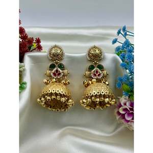 Indian Ethnic Brass Jhumka Earrings-Trendy Pearl & Diamond Kashmiri Jewellery - Product Image 2