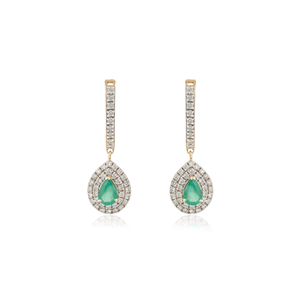 High End Custom Design 14K Pure Yellow Gold Emerald & Diamond Letch <b>Back</b> Double Cluster Hoop Drop <b>Earrings</b> Wedding Jewelry - Product Image 1