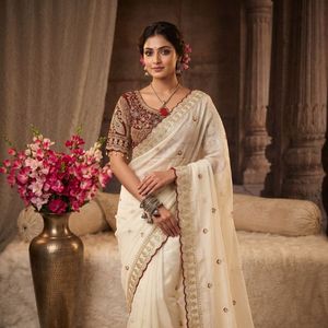 Sari en soie Rangoli haut de gamme avec broderies et sequins, modèle de designer pour fêtes et mariages, avec tissu Bangalori Si cousu - Product Image 2