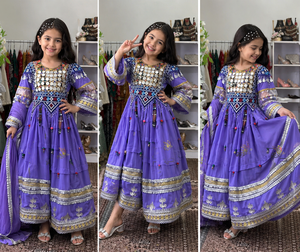 Vestido Afgano Bordado Morado para Niñas, Manga Larga con Dupatta, para Todas las Temporadas, Ropa Tradicional Pakistaní - Product Image 1