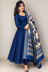 Vestido kurta tradicional de seda con estampado digital, largo hasta el suelo, de secado rápido, corte regular, para mujer, ideal para fiestas, bodas, Diwali y uso casual. - Product Image 5
