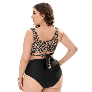 Women's Plus Size Bikini Set <b>Crossed</b> Halter <b>Top</b> Leopard Print High Waist Bottom Contrast Binding Spandex Polyester Stretch - Product Image 5