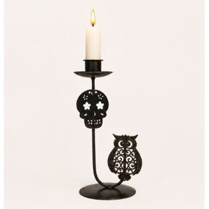 Iron Halloween <b>Candle</b> <b>Holder</b> Spooky Skull and Owl Silhouette Candlestick Stand for Taper <b>Candles</b> Table Centerpiece for Home - Product Image 1