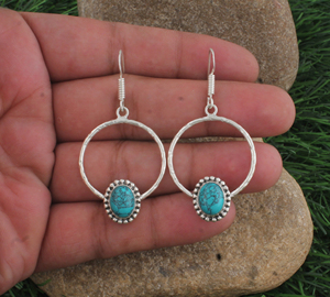 Pendientes Colgantes de Plata de Ley 925 al por Mayor con Marco Circular de Turquesa, Gema Ovalada Natural con Engaste de Cuentas y Gancho Circular, Regalo - Product Image 2