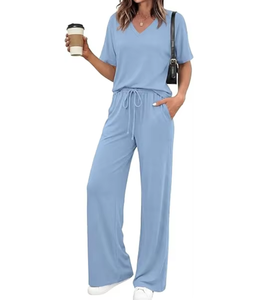 Women V-Neck Short Sleeve Tracksuit Set Light Blue Solid Color Drawstring Waist Wide Leg Pants Casual Loose Fit Stretchy Autumn - Product Image 1