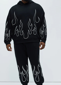 Sweat-shirt à capuche noir pour homme avec imprimé flamme blanche, coupe oversize, streetwear, coton, molleton français, pull-over, coupe classique, vêtements d'automne - Product Image 3