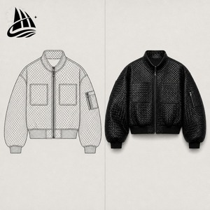 Men's <b>Black</b> PU Bomber <b>Jacket</b> Stand Collar Zipper Closure Quilted Design Windproof Moto Style Autumn Wear - Product Image 2