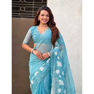 ผ้าไหมชานดาโคราแท้ พร้อมลายปักดอกไม้แบบบุตติส และขอบผ้าปักลายฉลุแบบแอพพลิเคชั่น ผ้าไหมออร์แกนซ่า 100% ทรงตรง - Product Image 5