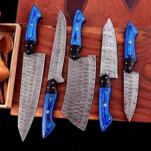 Juego de Cuchillos de Cocina Damascus Hechos a Mano con Acero de Damasco, Cuchillos Profesionales con Mango de Madera Azul, Venta al Por Mayor OEM - Product Image 2
