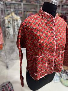 Red <b>Quilted</b> Cotton <b>Jacket</b> With Mandarin Collar Sleeve Printed <b>Pattern</b> Single Button Closure Women's Autumn Wear GIFT FOR HER - Product Image 4