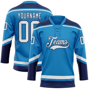 Maillot de hockey à col lacé bleu clair et blanc-marine, personnalisé, de qualité supérieure, le plus vendu en gros, directement de l'industrie - Product Image 2