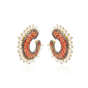 Red Enamel Kundan <b>Dangle</b> <b>Earrings</b> <b>Gold</b> Plated Pearl Handcrafted Bell Shape Vintage Indian Statement <b>Earrings</b> - Product Image 3