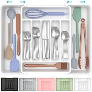 Organizzatore per posate da cucina espandibile extra large, senza BPA, per alimenti, in argento, per utensili da cucina - Product Image 1