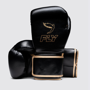 Gants de boxe Fly en cuir de vachette véritable les mieux notés, entièrement noirs, avec fermeture Superlace, pour le kickboxing professionnel, avec logo - Product Image 1