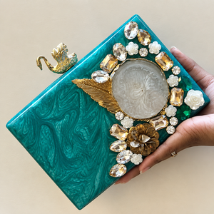 Bolso de mano de resina marmoleada color verde azulado con adornos de cristal de ágata y diamantes de imitación para bodas y fiestas, bolso de noche de acrílico. - Product Image 1