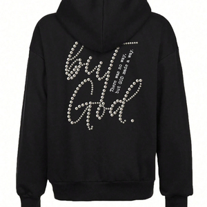 Sweat-shirt à capuche noir en molleton avec lettres en strass, poches, unisexe, décontracté, tricoté, coupe classique, 100 % coton respirant - Product Image 1