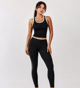 Leggings de yoga noirs à taille haute avec bande latérale, longueur intégrale, en Spandex et Nylon, sans couture, extensibles dans les quatre sens - Product Image 3