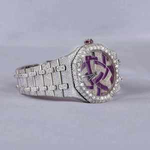 Montre de luxe pour homme Shanghai entièrement sertie de moissanite, mouvement à quartz, acier inoxydable, cadran squelette violet 16 mm, verre saphir, étanche - Product Image 4
