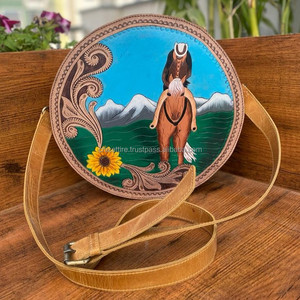 Custom Hot Selling Leather Sling Bag Cowhide Tooled Leather Round Handbag Women Carving Leather Shoulder Sling Bag Canteen Bags - Product Image 3