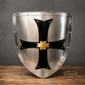 Escudo medieval vikingo de calibre 18 con cruz negra y centro chapado en oro - Product Image 2