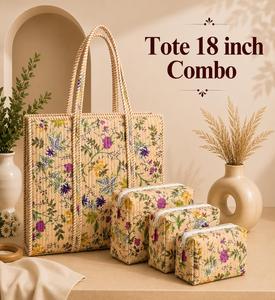 กระเป๋าผ้าฝ้ายสีเขียวสไตล์โบฮีเมียนลายผลไม้ ขนาด 18 นิ้ว พร้อมกระเป๋าเครื่องสำอางแบบซิป 3 ช่อง หูหิ้วนุ่มอเนกประสงค์ขนาดใหญ่ - Product Image 6