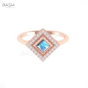 Anillo de Compromiso con Piedra Lunar Arcoíris de Corte Princesa de 4 mm, Oro Real de 14K, Anillo con Piedra Preciosa, Joyería Fina con Diamantes para Mujer, Superventas - Product Image 4