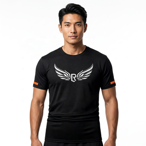T-shirt noir à manches courtes pour homme avec logo blanc et manches orange, coupe classique, jersey décontracté, tricoté, respirant - Product Image 2