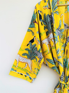 Robe kimono bohème à imprimé safari 100% coton, col en V, manches trois quarts, coupe ample, robe longue, robe de chambre d'été respirante - Product Image 3