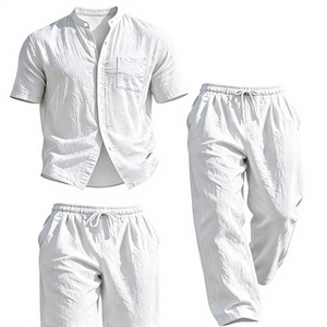 2026 Summer Vacation Style Men's Khaki 100% Cotton Woven Satin Solid Short Sleeve Shirt Long Pants Shorts Set Casual Beach 2pcs - Product Image 1