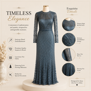Women Slate Blue Beaded <b>Sequin</b> Evening Gown High Round Neck Sheer Long Sleeve Embellished Net Maxi Dress Formal Wedding Prom - Product Image 5