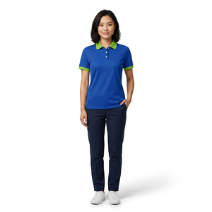Polo pour homme bleu uni avec col et poignets verts, manches courtes, style décontracté en tricot - Product Image 2