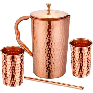 Ensemble de pichets en cuivre pour le bien-être ayurvédique, carafe à eau en cuivre martelé traditionnel pour les bienfaits pour la santé, antimicrobienne, eau pure naturelle - Product Image 1
