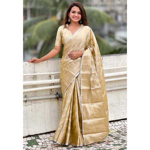 Soie tissée élite ivoire pour sari Kanjivaram en soie douce Leheriya, tissage Zari traditionnel 0,65g pour vêtements indiens et pakistanais - Product Image 1