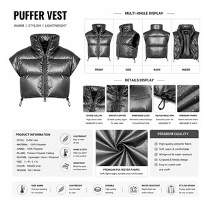 Hot Selling Newest Style Women <b>Puffer</b> Vest Stand Collar Zip up <b>Crop</b> Sleeveless <b>Jacket</b> Outerwear Casual Fashion Vest for Women - Product Image 6