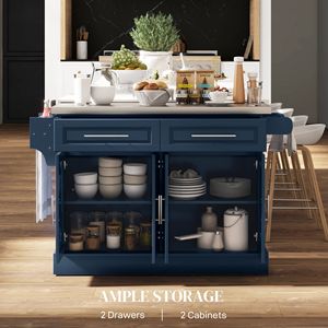 Carrello da Cucina Blu Navy con Piano in Acciaio Inox Rotante, 2 Cassetti, Porta Spezie, Porta Coltelli e Porta Asciugamani in MDF - Product Image 4