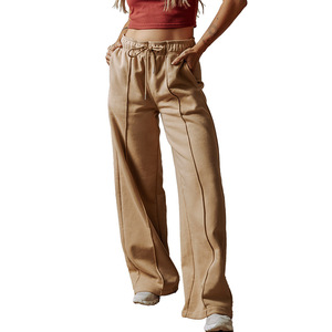 Pantalon décontracté personnalisé pour femme, pantalon large à taille haute avec cordon de serrage, coupe droite, longueur au sol - Product Image 1