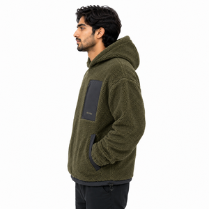 Custom Mens Olive <b>Sherpa</b> <b>Fleece</b> Utility Hoodie Heavy Winter Pullover with Pockets OEM Apparel Manufacturer - Product Image 3