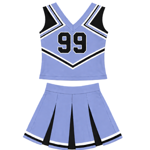 Ensemble d'uniforme de cheerleading bleu périvinkle, noir et blanc, avec crop top sans manches à col en V et jupe plissée, pour la danse et les spectacles - Product Image 2