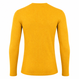 T-shirt de compression thermique pour homme, col rond, manches longues, en tissu gaufré couleur moutarde, séchage rapide, respirant, style streetwear et gym. - Product Image 1