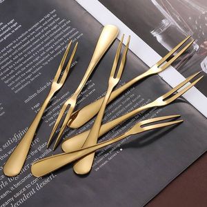 Ensemble de 5 fourchettes à gâteau en acier inoxydable doré finition or mat, poli miroir, couverts modernes - Product Image 1