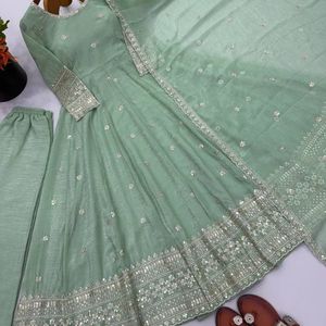 Luxury Crunchy Silk Embroidered <b>Sequin</b> Work Gown Set with <b>Pant</b> and Dupatta for Women Festive Party Wear Wedding Ethnic Outfit - Product Image 1