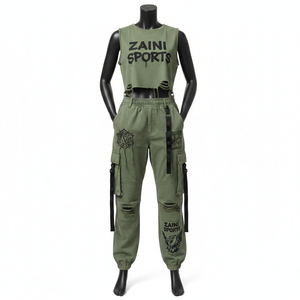 Ensemble jogging cargo sans manches en molleton de coton 240 GSM vert olive pour femme avec logo personnalisé imprimé – Nouveaux ensembles pour femme - Product Image 6