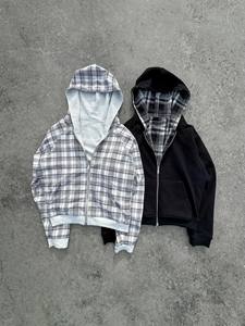 Sweat-shirt à capuche zippé pour homme, gris et blanc à carreaux, tissu tissé, style streetwear décontracté - Product Image 3