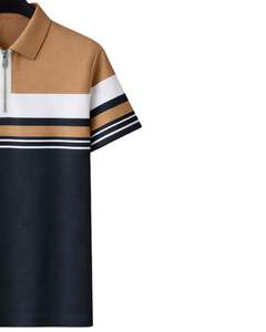 Polo de manga corta para hombre, con cremallera de un cuarto, a rayas camel y negras, informal, con paneles en contraste, personalizado por el fabricante, para verano. - Product Image 3