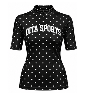 <b>Black</b> Polka Dot <b>Women</b> Mock Neck Short Sleeve T <b>Shirt</b> Slim Fit Stretch Casual Printed Top Fashion Summer Apparel Wholesale Custom - Product Image 1