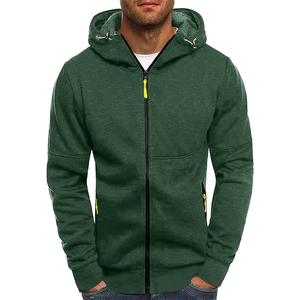Men's Green Full-Zip Hoodie Slim Fit Solid Color Hoodie Breathable 100% Cotton Fleece Autumn & Winter Relaxed Fit Hoodie - Product Image 3