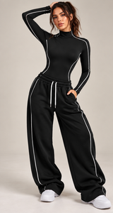 Conjunto Deportivo de Body para Mujer con Ribete Reflectante, Manga Larga, Cuello Alto y Pantalones Anchos, Ropa Deportiva OEM ODM - Product Image 5